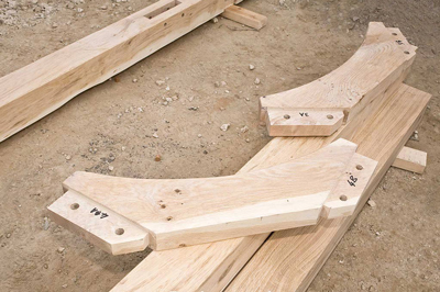 Oak frame timbers marked for assembly